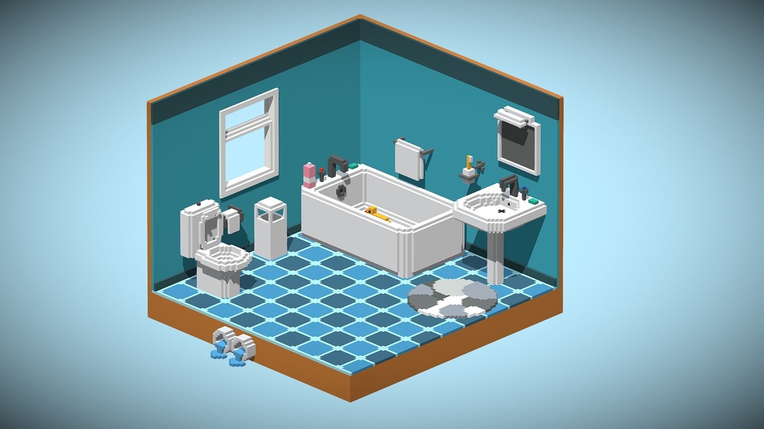 En 3D-rendering av en badrumsrenovering med badkar, toalett och blått klinkergolv.